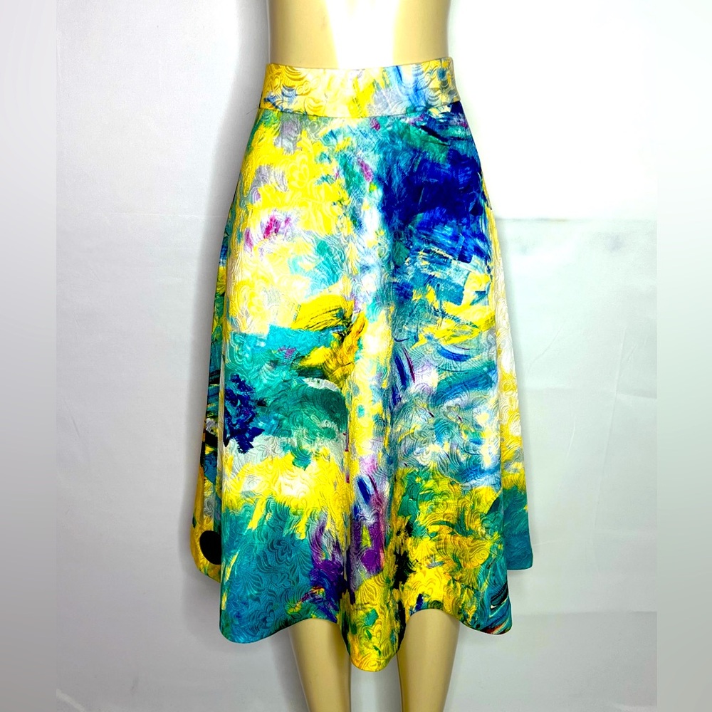 H&M TURQUOISE & YELLOW MULTI PRINT DAMASK A LINE FULL SKIRT SIZE 8